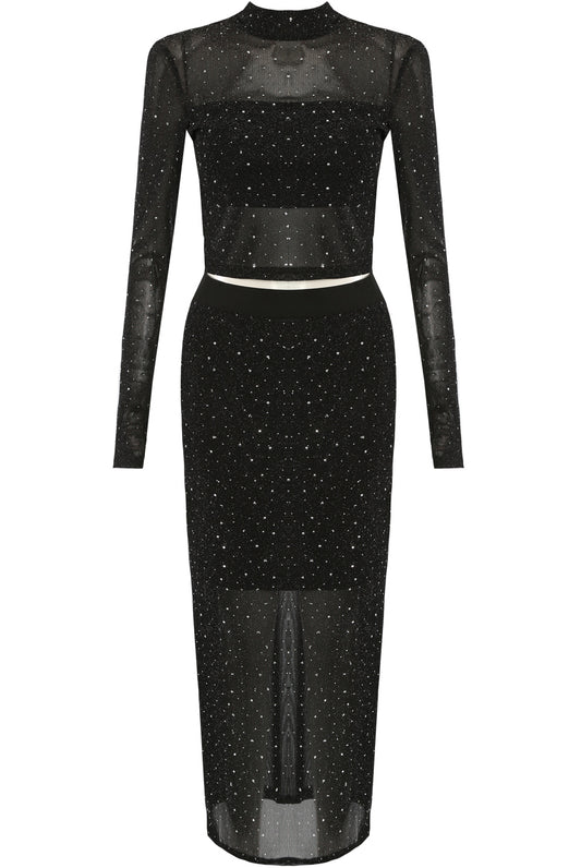 Studded High Neck Netted Tops And Midi Skirt Set