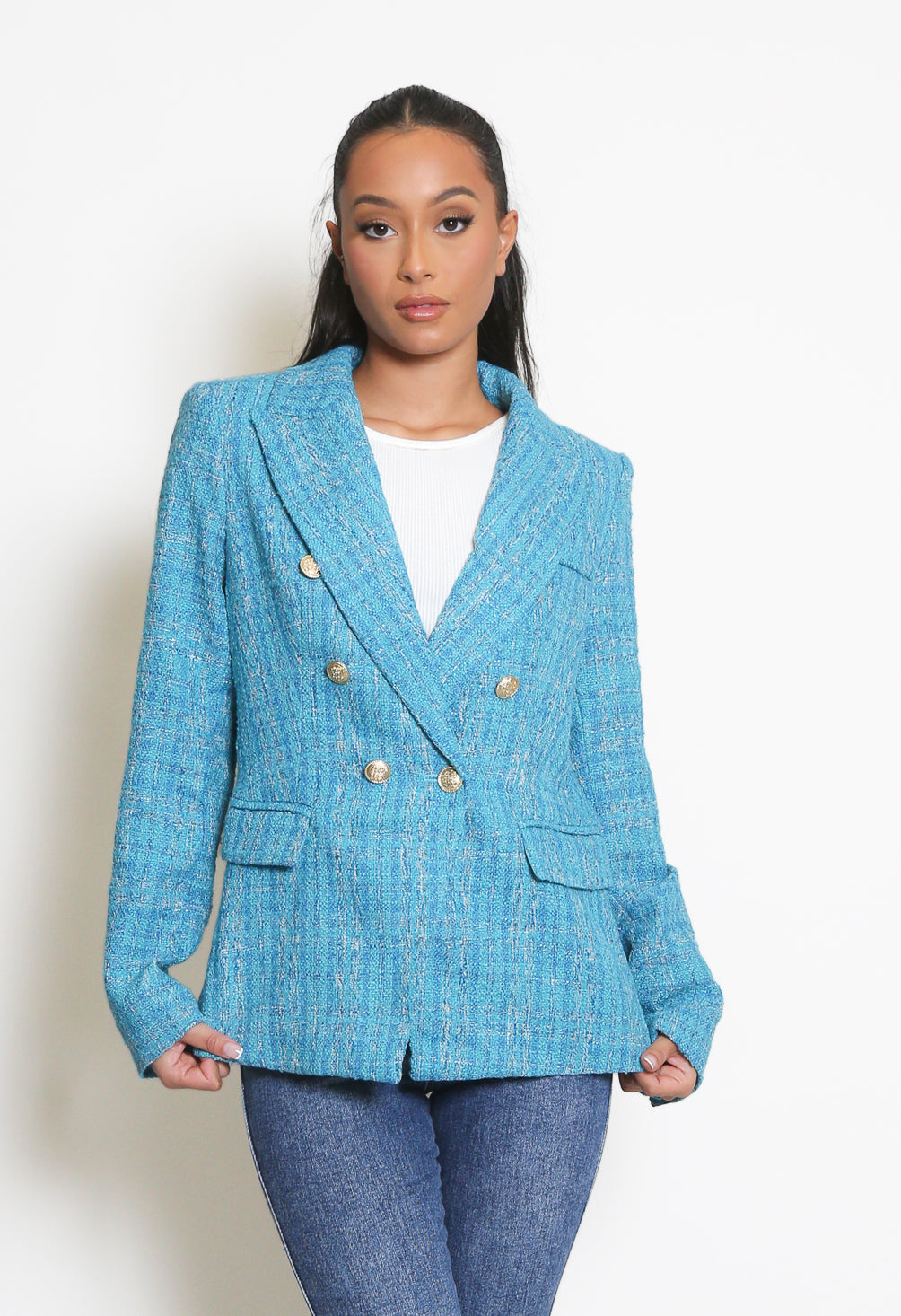 Tweed Check Double Breasted Blazer
