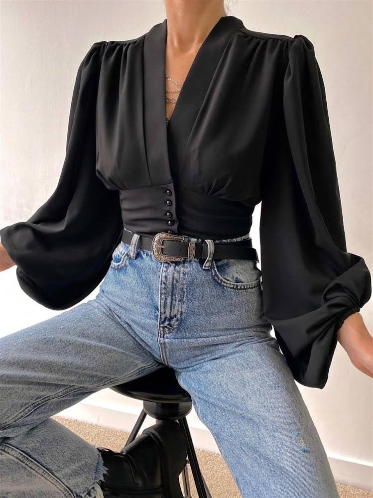 Deep V-neck blouse with puff sleeves